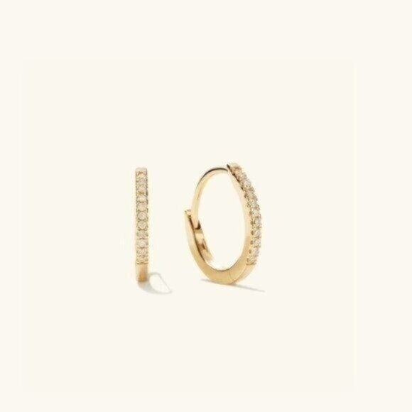 Gold Pavé Huggie Hoop Earrings 18K on 925 Sterling Silver CZ Everyday Jewelry - Picture 7 of 14